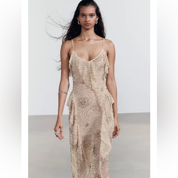 Zara Tan Slip Midi Dress Spaghetti Strap Cocktail- medium - Picture 2 of 4